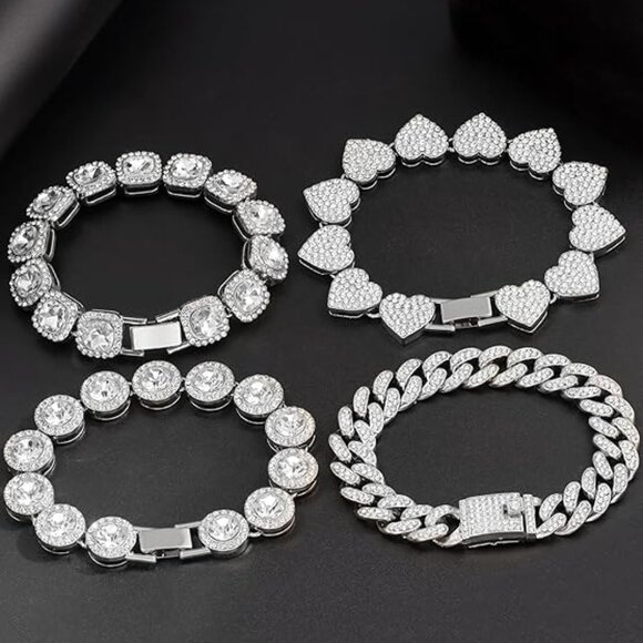 4PCS Women Heart Round Diamond Cuban Bracelet Layered Link Bracelet Set Fashion - Picture 5 of 6